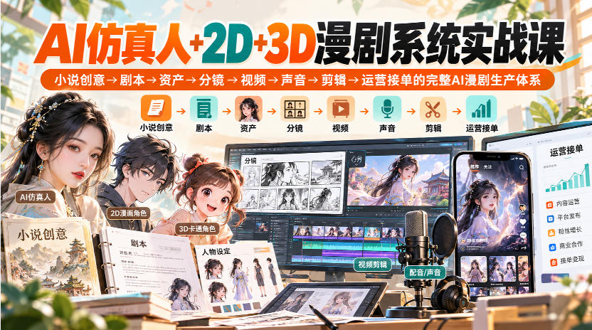 【无水印】AI仿真人+2D+3D漫剧系统实战课，小说创意→剧本→资产→分镜→视频→声音→剪辑→运营接单的完整AI漫剧生产体系-橙心云网创