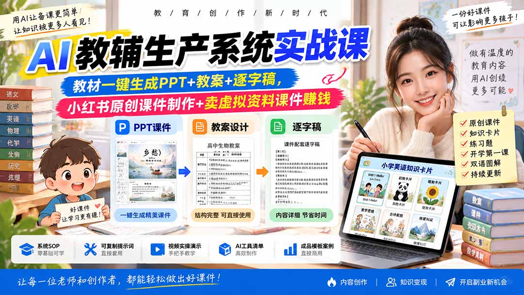 AI教辅生产系统实战课-更新0926｜教材一键生成PPT+教案+逐字稿，小红书原创课件制作+卖虚拟资料课件赚钱-橙心云网创