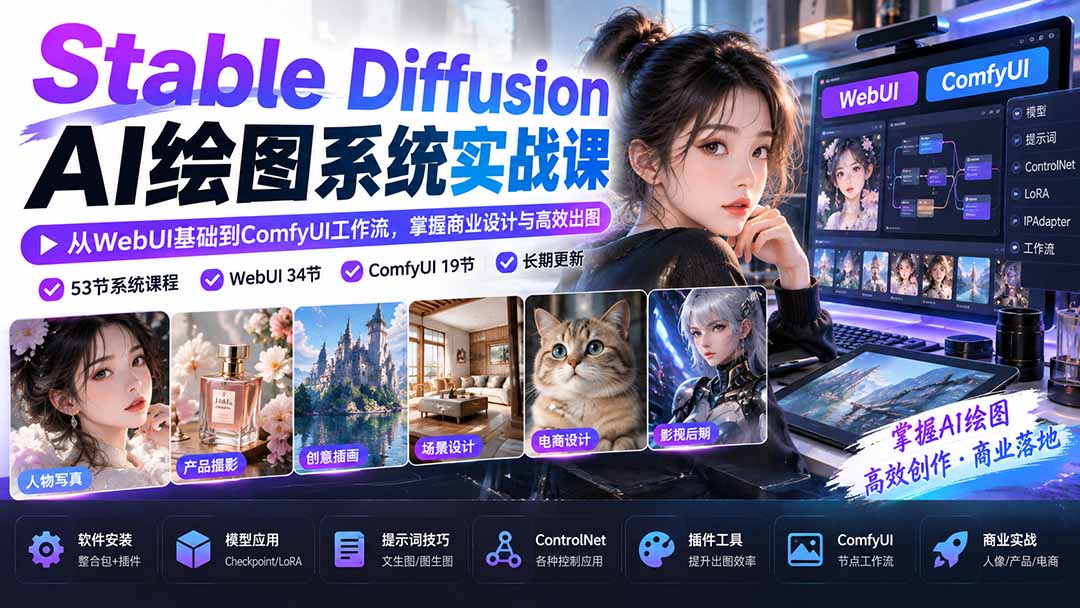 【无水印】Stable Diffusion AI绘图系统实战课：从WebUI基础到ComfyUI工作流，掌握商业设计与高效出图-橙心云网创