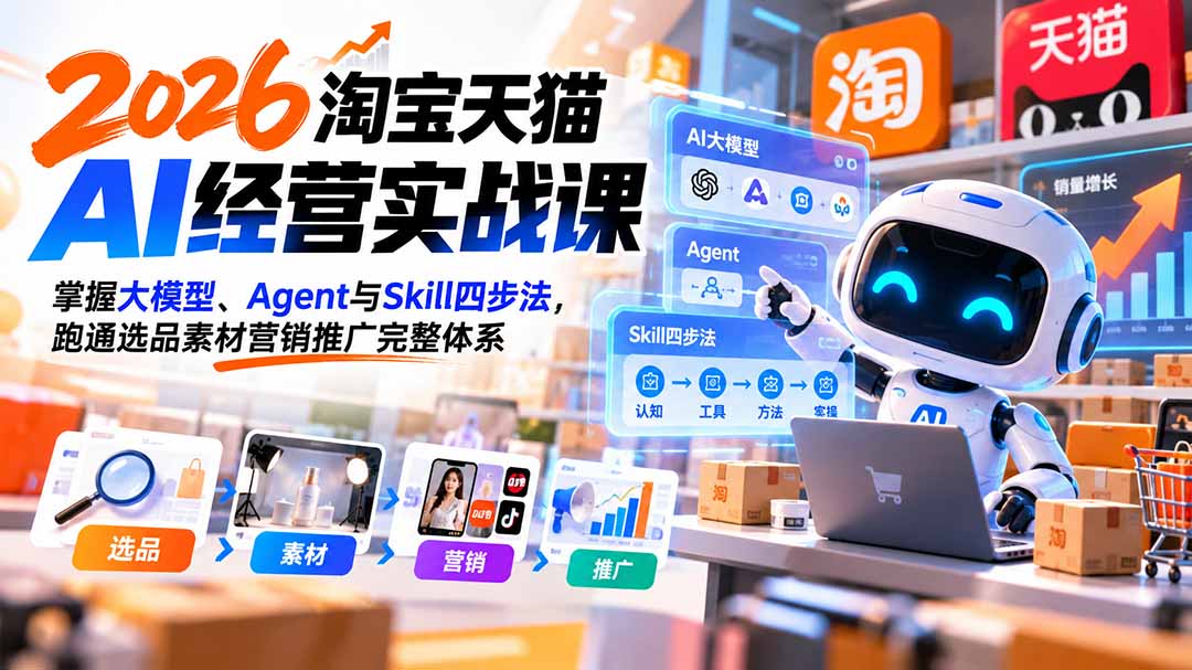 【无水印】2026淘宝天猫AI经营实战课:掌握大模型、Agent与Skill四步法,跑通选品素材营销推广完整体系-橙心云网创