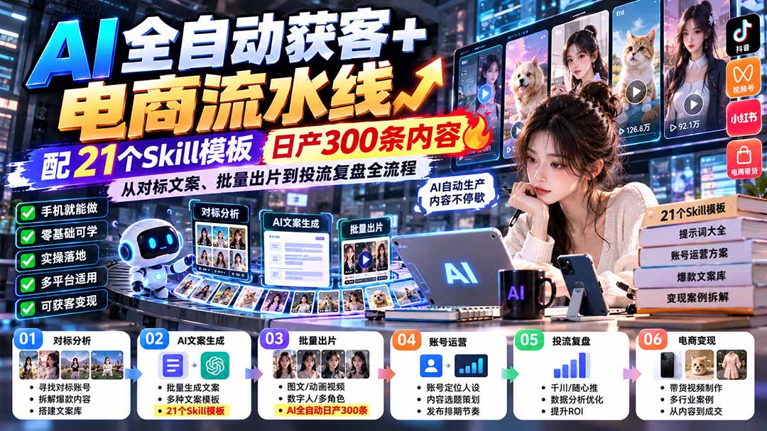 【无水印】AI全自动获客+电商流水线：配21个Skill模板，日产300条内容，从对标文案、批量出片到投流复盘全流程-橙心云网创