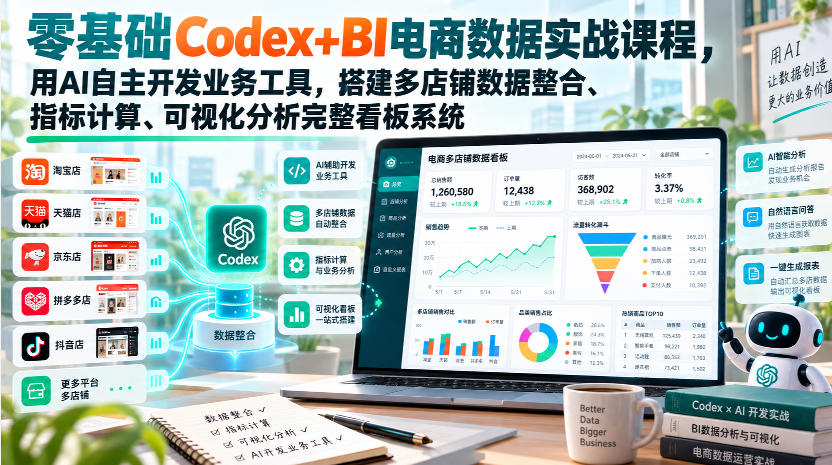 零基础Codex+BI电商数据实战课程，用AI自主开发业务工具，搭建多店铺数据整合、指标计算、可视化分析完整看板系统-橙心云网创