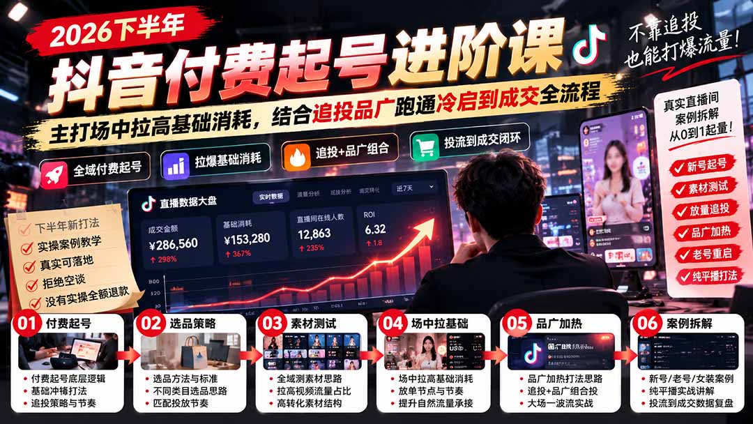 2026下半年抖音付费起号进阶课:主打场中拉高基础消耗,结合追投品广跑通冷启到成交全流程-橙心云网创
