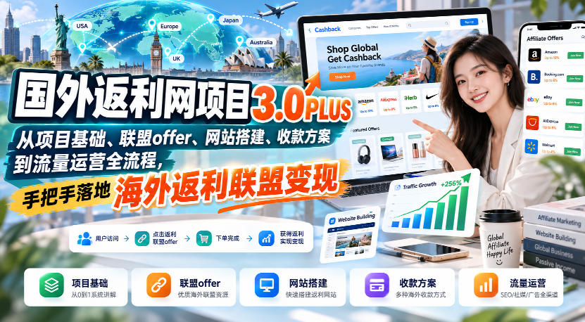 国外返利网项目3.0PLUS，从项目基础、联盟offer、网站搭建、收款方案到流量运营全流程，手把手落地海外返利联盟变现