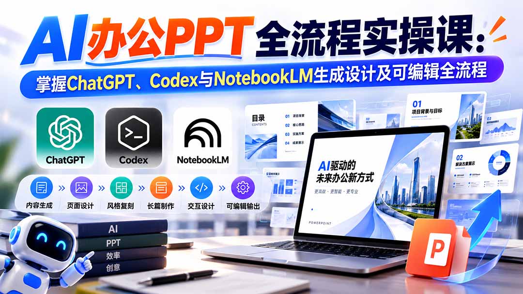 【无水印】AI办公PPT全流程实操课： 掌握ChatGPT、Codex与NotebookLM生成设计及可编辑全流程-橙心云网创