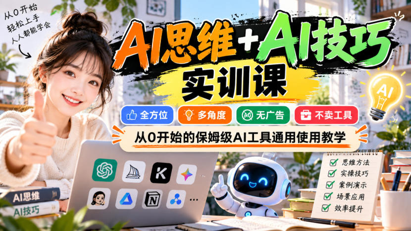 【无水印】AI思维+AI技巧实训课，全方位、多角度、无广告、不卖工具，从0开始的保姆级AI工具通用使用教学-橙心云网创