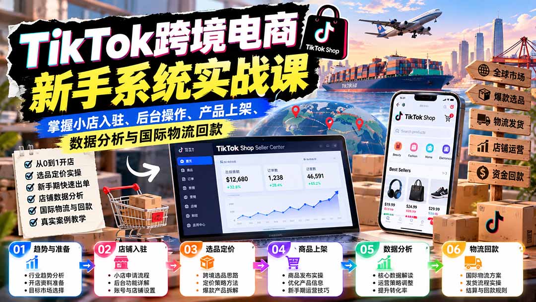 TikTok跨境电商新手系统实战课:掌握小店入驻、后台操作、产品上架、数据分析与国际物流回款-橙心云网创