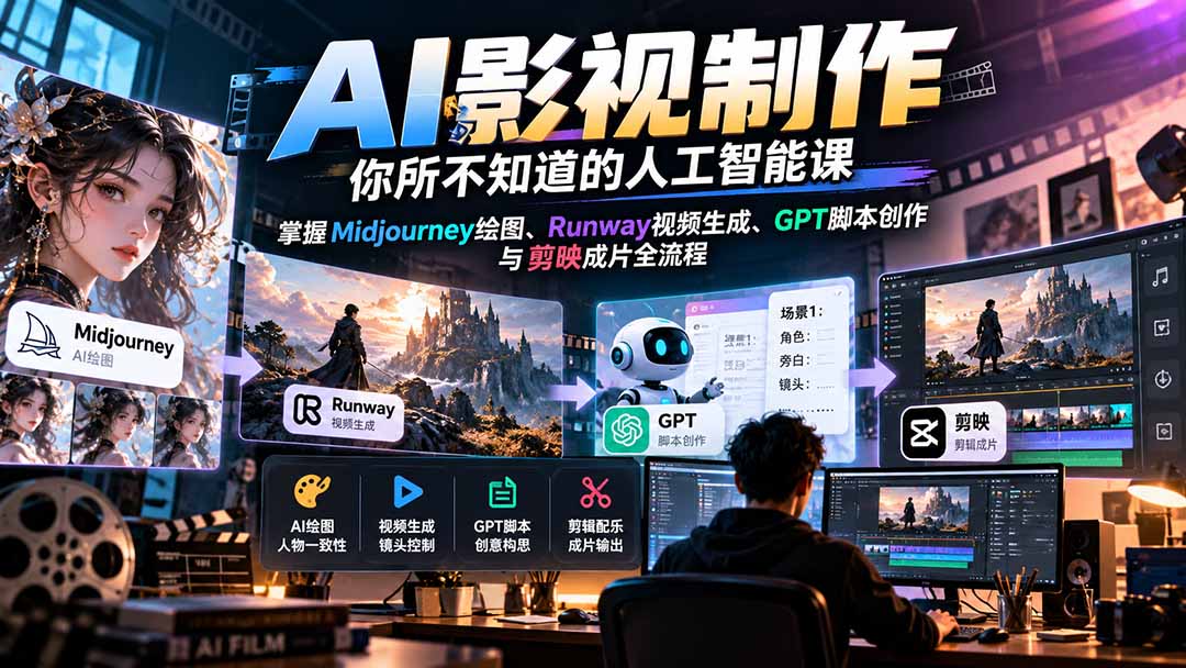 【无水印】AI影视制作-你所不知道的人工智能课,掌握Midjourney绘图、Runway视频生成、GPT脚本创作与剪映成片全流程-橙心云网创