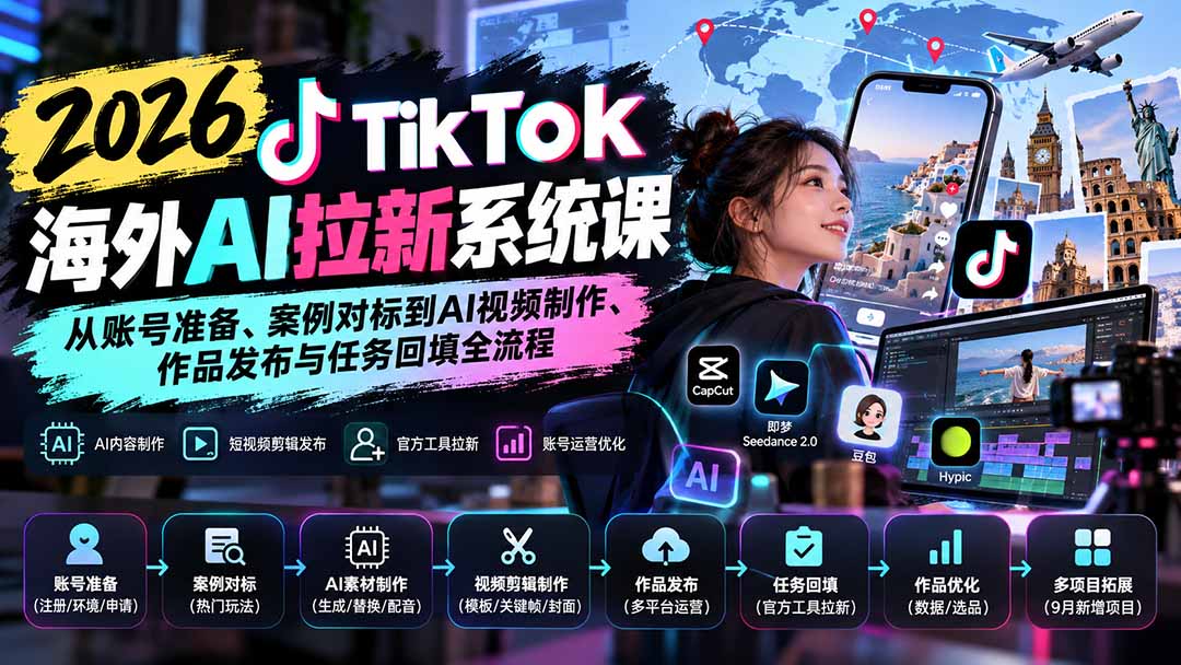 【无水印】2026 TikTok海外AI拉新系统课:从账号准备、案例对标到AI视频制作、作品发布与任务回填全流程-橙心云网创