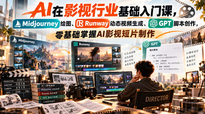 【无水印】AI在影视行业基础入门课，Midjourney绘图、Runway动态视频生成、GPT脚本创作，零基础掌握AI影视短片制作-橙心云网创