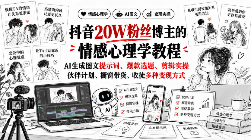 抖音20W粉丝博主静候心声的情感心理学教程，AI生成图文提示词、爆款选题、剪辑实操，伙伴计划、橱窗带货、收徒多种变现方式-橙心云网创