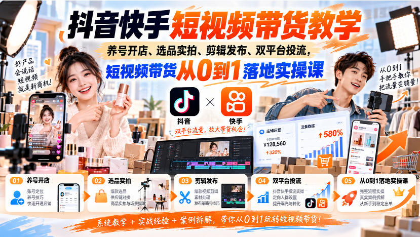 抖音快手短视频带货教学|养号开店、选品实拍、剪辑发布、双平台投流,短视频带货从0到1落地实操课-橙心云网创