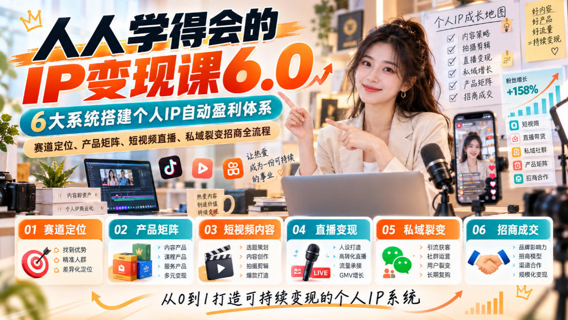人人学得会的IP变现课6.0,6大系统搭建个人IP自动盈利体系,赛道定位、产品矩阵、短视频直播、私域裂变招商全流程-橙心云网创