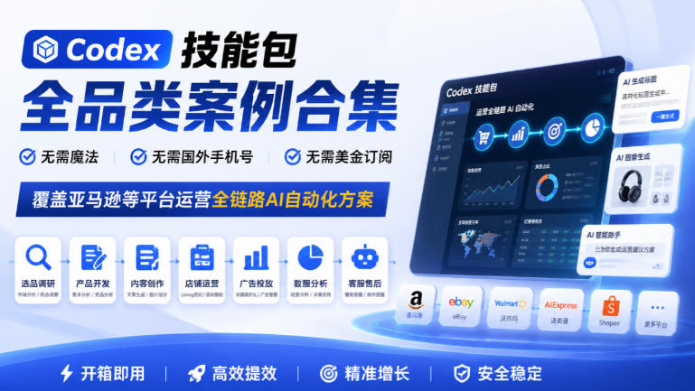 Codex技能包全品类案例合集,无需魔法、无需国外手机号、无需美金订阅,覆盖亚马逊等平台运营全链路AI自动化方案-橙心云网创