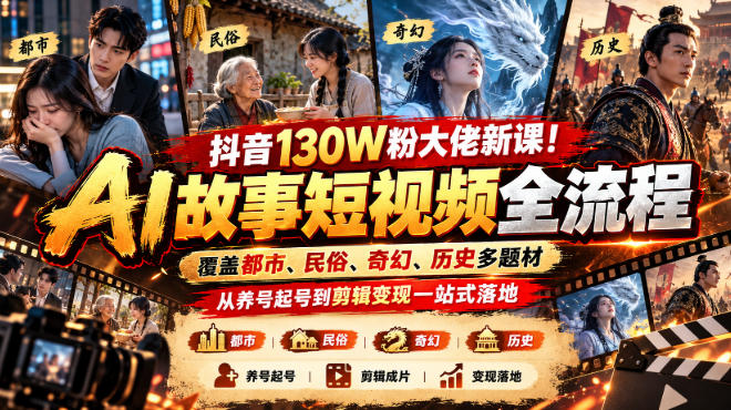 抖音130W粉大佬新课!AI故事短视频全流程,覆盖都市、民俗、奇幻、历史多题材,从养号起号到剪辑变现一站式落地-橙心云网创