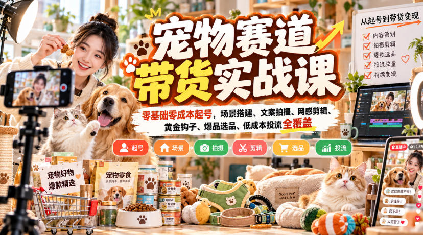 宠物赛道带货实战课，零基础零成本起号，场景搭建、文案拍摄、网感剪辑、黄金钩子、爆品选品、低成本投流全覆盖-橙心云网创