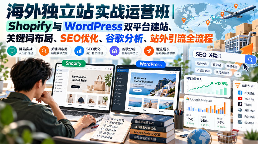 海外独立站实战运营班|Shopify与WordPress双平台建站、关键词布局、SEO优化、谷歌分析、站外引流全流程-橙心云网创