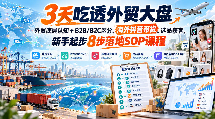 3天吃透外贸大盘,外贸底层认知+B2B/B2C区分、海外抖音带货、选品获客,新手起步8步落地SOP课程-橙心云网创