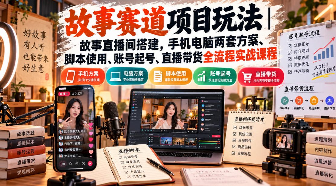 故事赛道项目玩法|故事直播间搭建,手机电脑两套方案、脚本使用、账号起号、直播带货全流程实战课程-橙心云网创