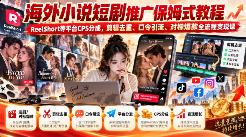 海外小说短剧推广保姆式教程|ReelShort等平台CPS分成,剪辑去重、口令引流、对标爆款全流程变现课-橙心云网创