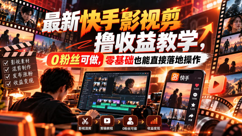 最新快手影视混剪撸收益教学,0粉丝可做,零基础也能直接落地操作-橙心云网创