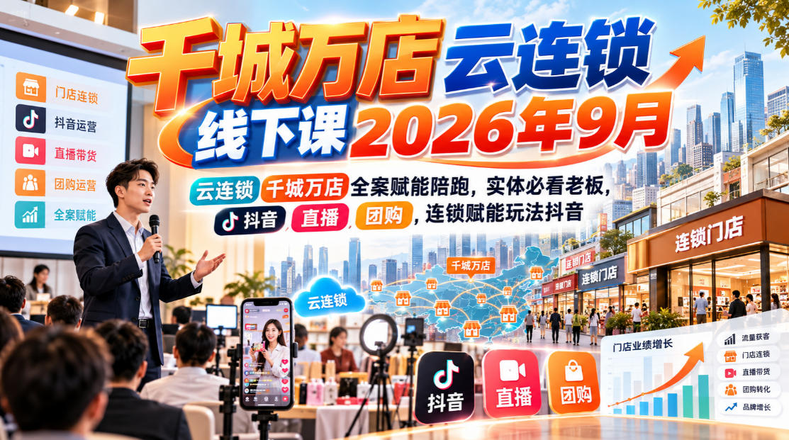 千城万店云连锁线下课2026年9月，云连锁千城万店全案赋能陪跑，实体必看老板，抖音，直播，团购，连锁赋能玩法抖音-橙心云网创