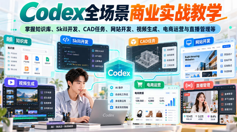 【无水印】Codex全场景商业实战教学,掌握知识库、Skill开发、CAD任务、网站开发、视频生成、电商运营与直播管理等-橙心云网创
