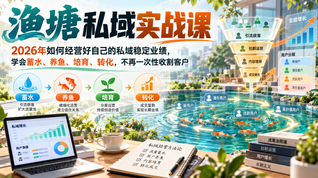 渔塘私域实战课,2026年如何经营好自己的私域稳定业绩,学会蓄水、养鱼、培育、转化,不再一次性收割客户-橙心云网创