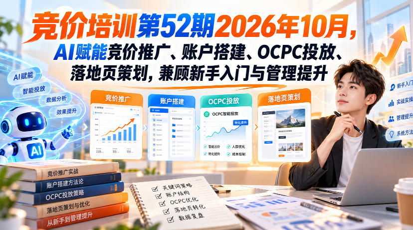 【无水印】竞价培训第52期2026年10月，AI赋能竞价推广、账户搭建、OCPC投放、落地页策划，兼顾新手入门与管理提升-橙心云网创