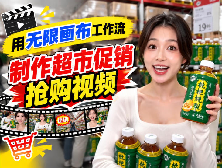 无限画布超市促销抢购视频工作流,一键产出TikTok抖音带货短视频-橙心云网创