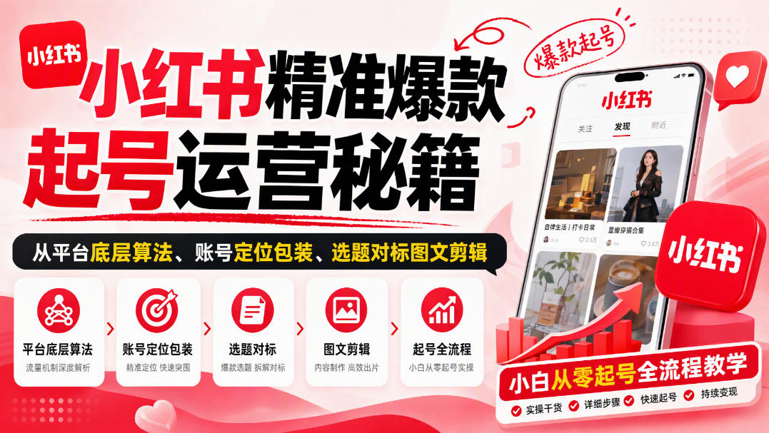小红书精准爆款起号运营秘籍,从平台底层算法、账号定位包装、选题对标图文剪辑,小白从零起号全流程-橙心云网创