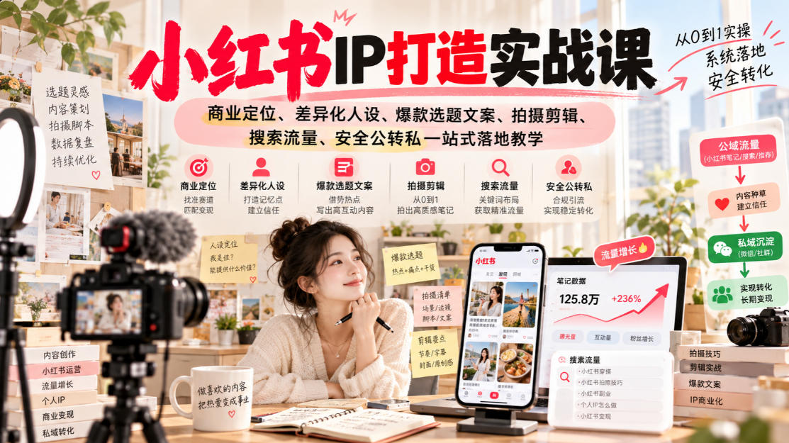 小红书ip打造实战课,商业定位、差异化人设、爆款选题文案、拍摄剪辑、搜索流量、安全公转私一站式落地教学-橙心云网创