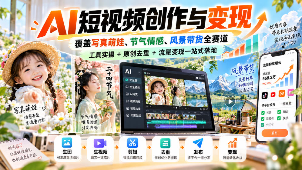 AI短视频创作与变现,覆盖写真萌娃、节气情感、风景带货全赛道,工具实操+原创去重+流量变现一站式落地-橙心云网创