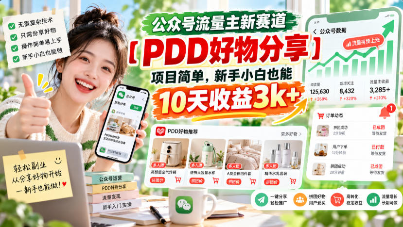 公众号流量主新赛道【PDD好物分享】，项目简单，新手小白也能10天收益3k+-橙心云网创