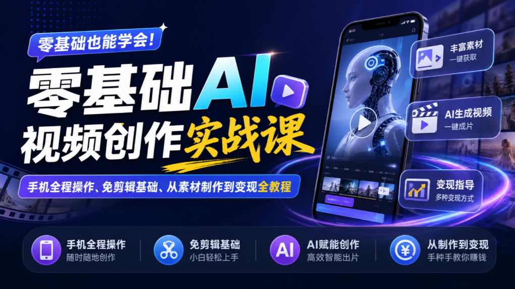零基础AI视频创作实战课|手机全程操作、免剪辑基础、从素材制作到变现全教程-橙心云网创