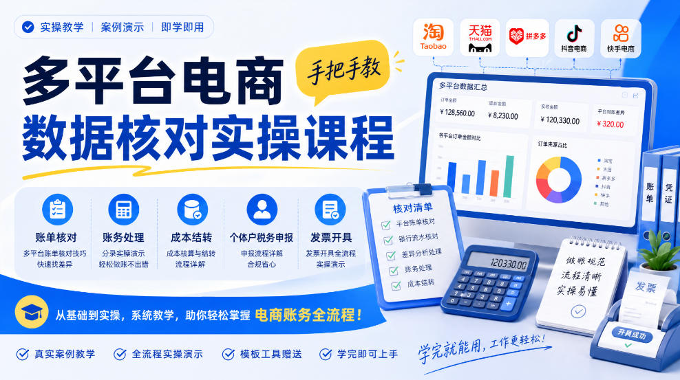 多平台电商数据核对实操课程,手把手教账单核对、账务处理、成本结转、个体户税务申报与发票开具-橙心云网创