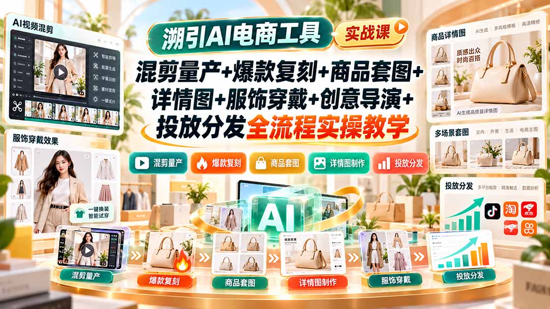 溯引AI电商工具实战课：混剪量产+爆款复刻+商品套图+详情图+服饰穿戴+创意导演+投放分发全流程实操教学-橙心云网创
