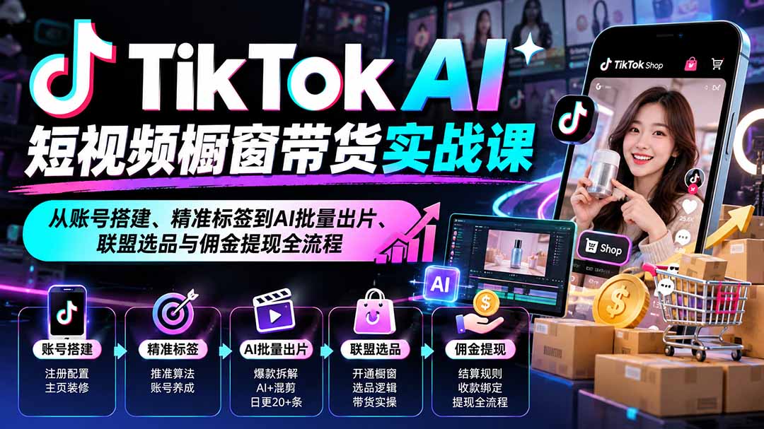 TikTok AI短视频橱窗带货实战课：从账号搭建、精准标签到AI批量出片、联盟选品与佣金提现全流程-橙心云网创