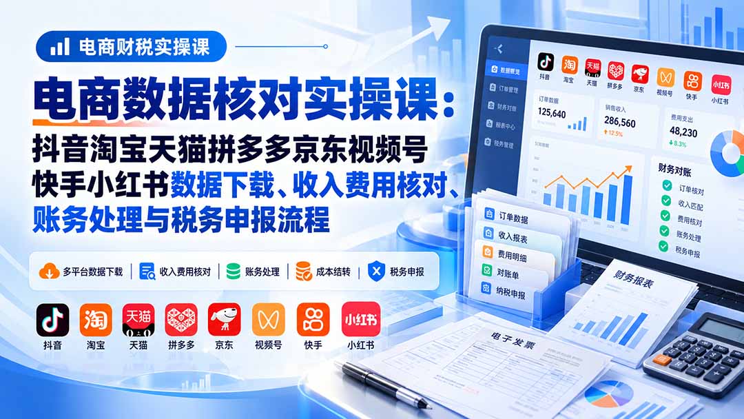电商数据核账实操课:抖音淘宝天猫拼多多京东视频号快手小红书数据下载、收入费用核对、账务处理与税务申报流程-橙心云网创