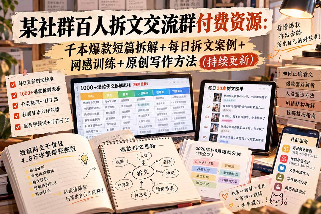 某社群百人拆文交流群付费资源-更新0929:千本爆款短篇拆解+每日拆文案例+网感训练+原创写作方法-橙心云网创