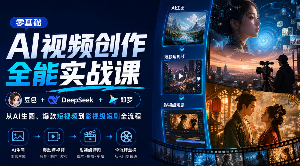 零基础AI视频创作全能实战课｜豆包+DeepSeek+即梦，从AI生图、爆款短视频到影视级短剧全流程-橙心云网创