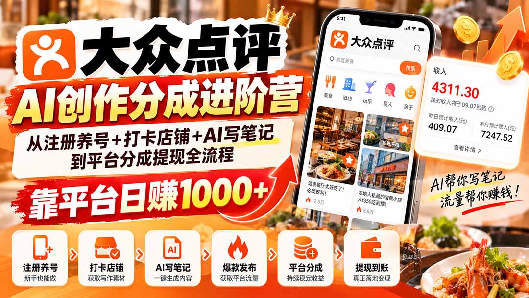 大众点评AI创作分成进阶营：从注册养号+打卡店铺+AI写笔记到平台分成提现全流程，靠平台日赚1000+-橙心云网创