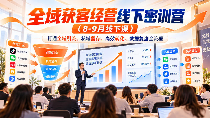 全域获客经营线下密训营(8-9月线下课),打通全域引流、私域留存、高效转化、数据复盘全流程-橙心云网创