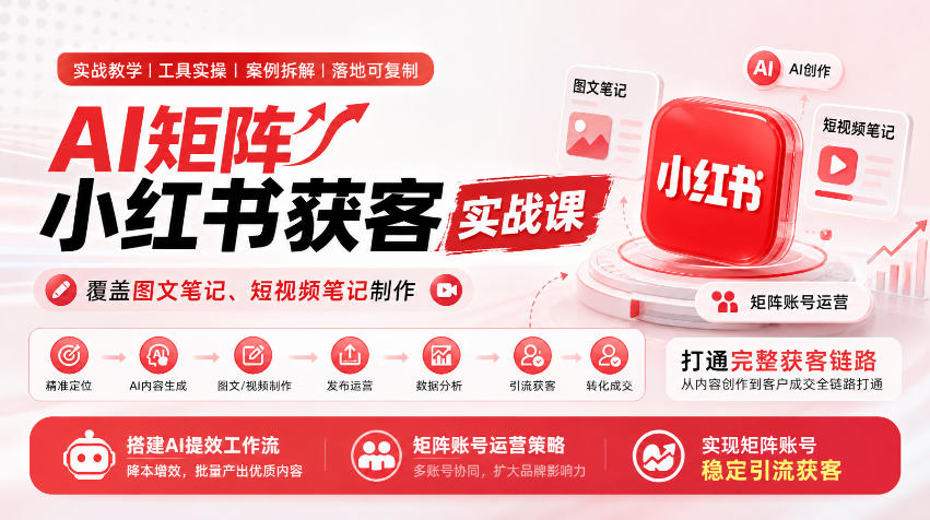 AI矩阵小红书获客实战课，覆盖图文笔记、短视频笔记制作，打通完整获客链路，搭建AI提效工作流，实现矩阵账号稳定引流获客-橙心云网创