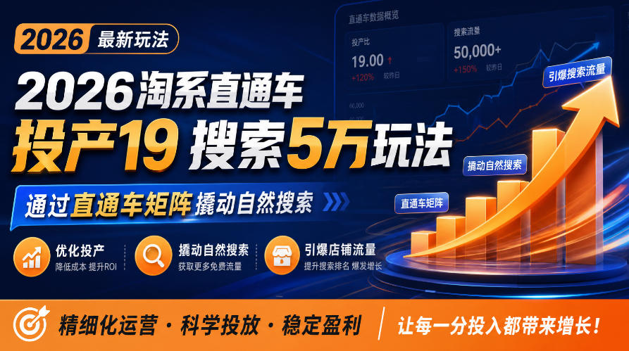 2026淘系直通车投产19搜索5万玩法,通过直通车矩阵撬动自然搜索,帮助商家优化投产,引爆店铺搜索流量-橙心云网创