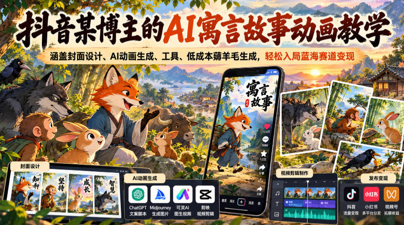 抖音某博主的AI寓言故事动画教学，涵盖封面设计、AI动画生成、工具、低成本薅羊毛生成，轻松入局蓝海赛道变现-橙心云网创