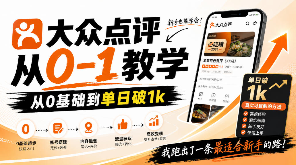 大众点评分成从0-1教学，从0基础到单日破1k，我跑出了一条最适合新手的路-橙心云网创