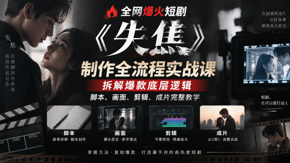 全网爆火短剧《失焦》制作全流程实战课｜拆解爆款底层逻辑，脚本、画面、剪辑、成片完整教学-橙心云网创