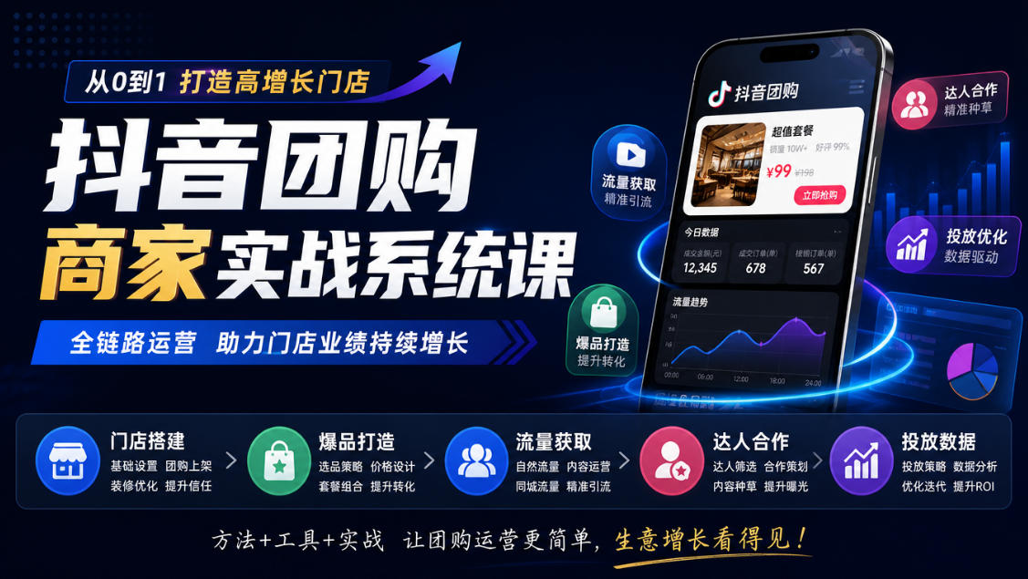 抖音团购商家实战系统课｜门店搭建、爆品打造、流量获取、达人合作、投放数据全链路运营-橙心云网创