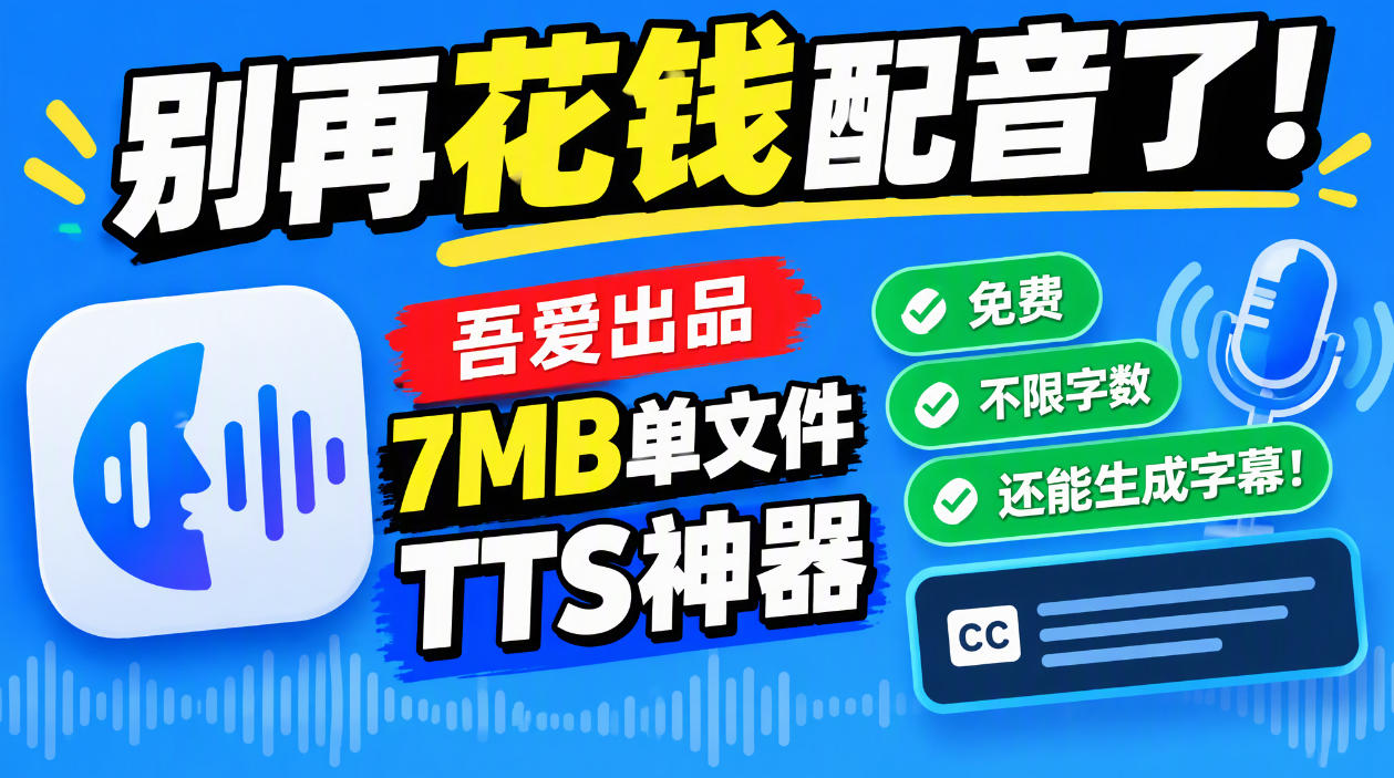 别再花钱配音了！吾爱出品7MB单文件TTS神器，免费不限字数还能生成字幕！-橙心云网创